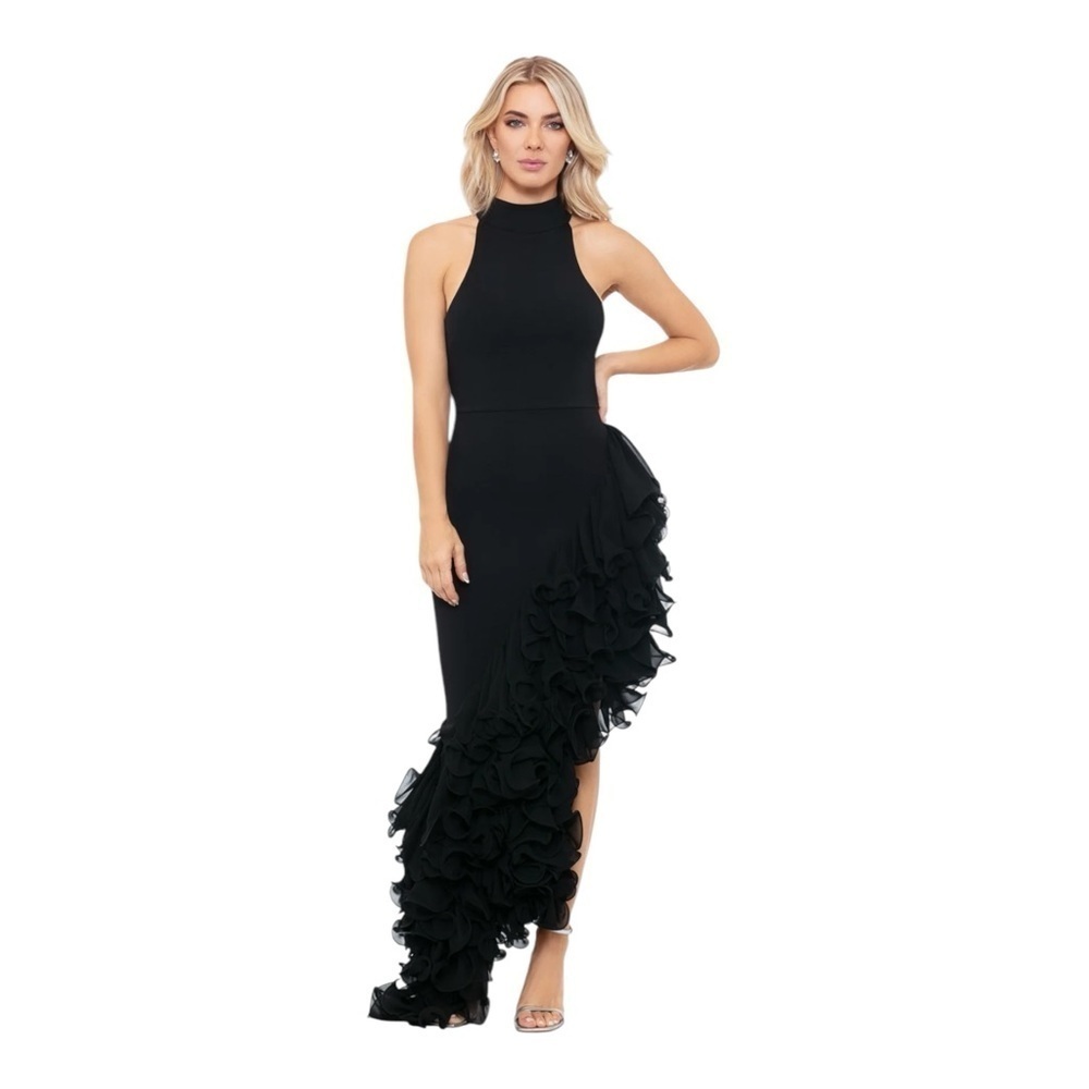 Aqua Mona Long Ponte Asymmetrical Ruffle Mock Neck Dress in Black NWT
